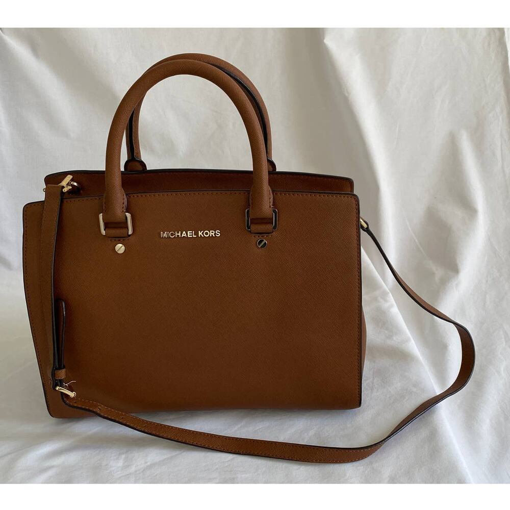 Michael Kors tan leather large satchel purse shoulder bag crossbody bag lined
